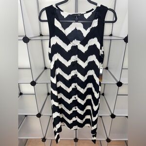 Aqua Black White Chevron Print Button Belted Sleeveless Dress Size L New